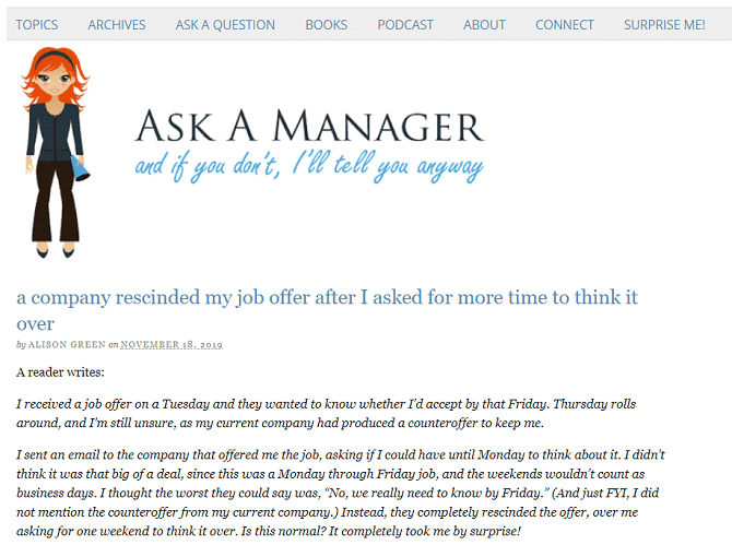 صورة لـ أفضل المواقع للحصول على المشورة المجانية الجيدة على الإنترنت | ask-a-manager-670x499-min-DzTechs