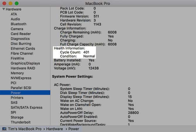 صورة لـ استبدال بطارية MacBook: خيارات لعمل ذلك ، من الأكثر أمانًا إلى الأقل | system_report_power-5BC1uFfs-DzTechs