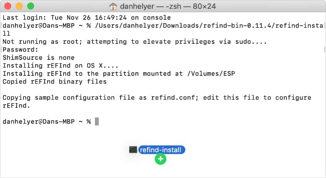 صورة لـ كيفية تثبيت Linux على الـ Mac الخاص بك أو إستخدام التمهيد المزدوج | Dropping_refind_install_file_into_Terminal_window_with_the_code_that_appears-1cr4KFfs-DzTechs