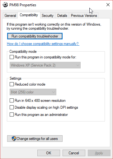 صورة لـ كيفية تشغيل الألعاب والتطبيقات القديمة على نظام Windows 10 | Premier_Manager_98_Compatibility_Properties-Bco01Hfs-DzTechs
