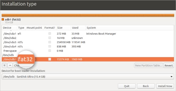 صورة لـ كيفية تثبيت Linux على الـ Mac الخاص بك أو إستخدام التمهيد المزدوج | Ubuntu_Installation_Type_window_selecting_fat32_partitions-Ayq4KFfs-DzTechs
