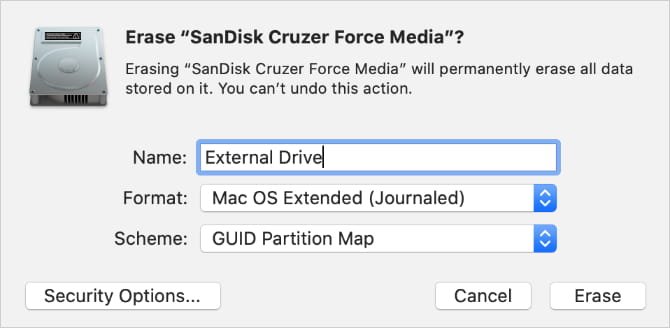 صورة لـ كيفية حذف (أو استعادة) قسم الاسترداد الخاص بـ Mac | Disk_Utility_window_showing_options_to_erase_external_disk-n5h4XHfs-DzTechs