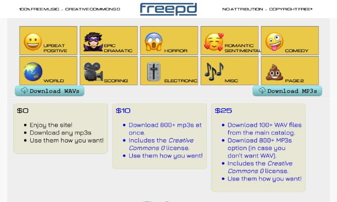 صورة لـ أفضل مواقع الويب للحصول على الموسيقى المجانية بترخيص المشاع الإبداعي | FreePD_home_page_with_range_of_categories_for_royalty_free_music-hc9UtIfs-DzTechs