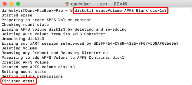 صورة لـ كيفية حذف (أو استعادة) قسم الاسترداد الخاص بـ Mac | Terminal_diskutil_showing_eraseVolume_command-mYh4XHfs-DzTechs