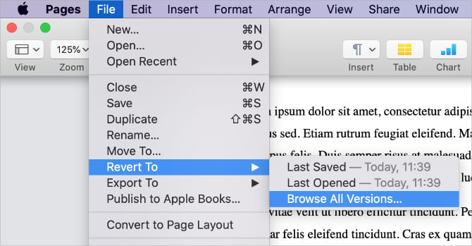 صورة لـ كيفية استعادة الإصدارات السابقة من Pages و Word ومستندات Mac الأخرى | Browse_All_Versions_options_from_Pages_menu_bar-4IkkbWfs-DzTechs