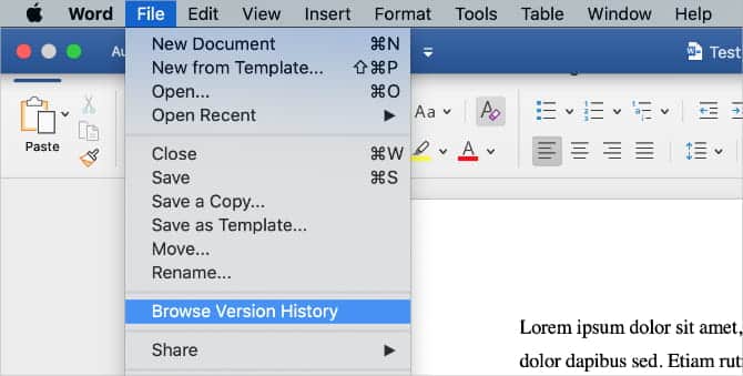 صورة لـ كيفية استعادة الإصدارات السابقة من Pages و Word ومستندات Mac الأخرى | Browse_Version_History_option_from_Word_menu_bar-vPkkbWfs-DzTechs