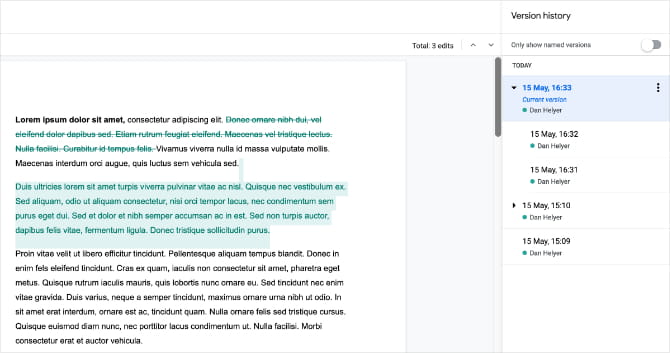 صورة لـ كيفية استعادة الإصدارات السابقة من Pages و Word ومستندات Mac الأخرى | Google_Docs_version_history_showing_colored_edits-bAkkbWfs-DzTechs