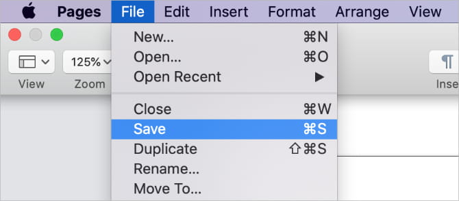 صورة لـ أفضل الطرق لفرض إيقاف أو إعادة تشغيل الـ Mac لا يستجيب | Save_option_from_File_menu_in_Pages-v1DsTTfs-DzTechs