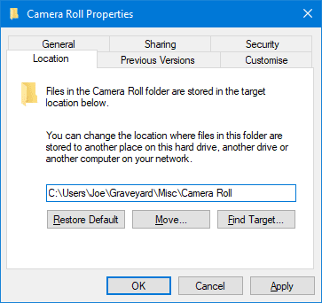 صورة لـ كيفية حذف مجلدات Camera Roll و Saved Pictures في Windows 10 | camera_roll_properties-wvIXbLfs-DzTechs