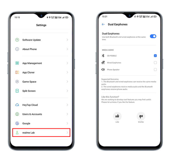 صورة لـ نظرة عامة على أفضل ميزات Realme UI | RealmeUI_Dual_Headphone_1-NgQUJLfs-DzTechs