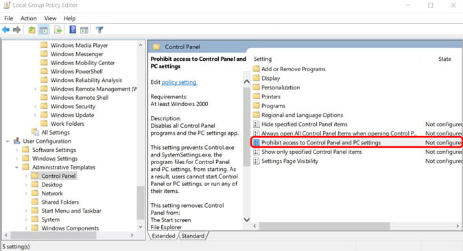 صورة لـ أفضل إعدادات سياسة المجموعة التي تحتاج إلى تعديلها للتحكم في Windows | prohib_users_from_Control_panel-vt5S0Yfs-DzTechs