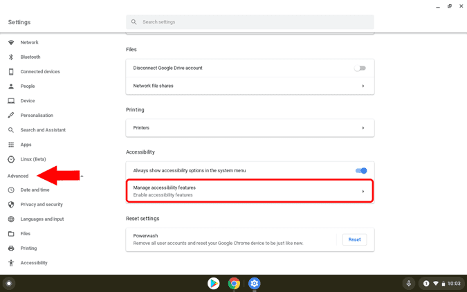 صورة لـ كيفية تمكين نغمة بدء التشغيل على Chromebook | assesibility_settings-1UYAucgs-DzTechs