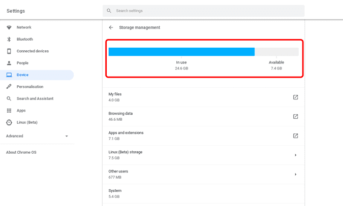 صورة لـ كيفية توسيع التخزين لنظام التشغيل Linux على جهاز Chromebook | storage_space-GhvtWbgs-DzTechs