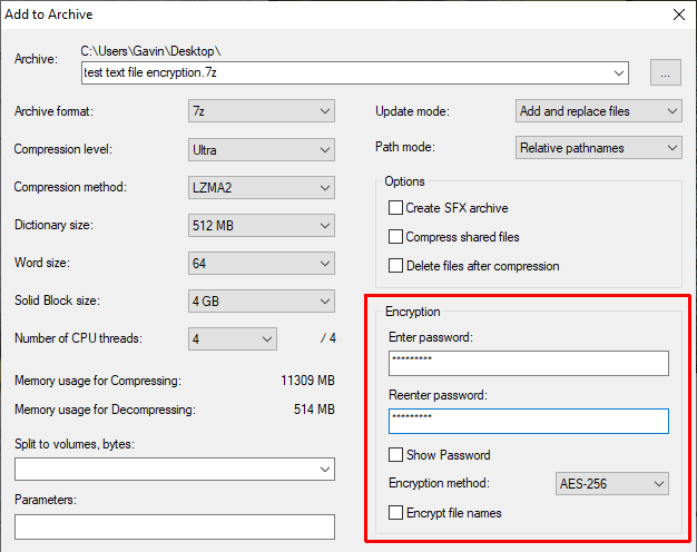 صورة لـ كيفية تشفير وفك تشفير ملف نصي في نظام Windows 10 | 7-zip-encryption-options-DzTechs