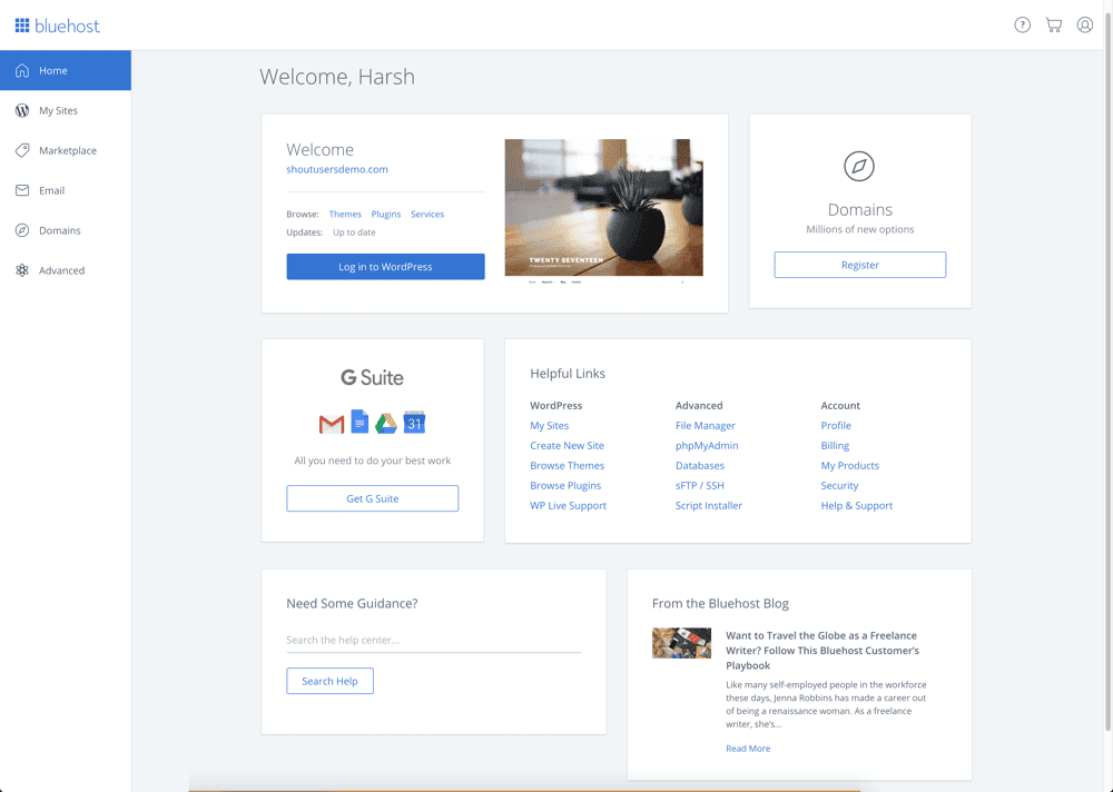 صورة لـ كيفية شراء استضافة لموقع الويب مع اسم نطاق مجاني لمدونة WordPress الخاصة بك | Bluehost_Dashboard-otcZmhgs-DzTechs