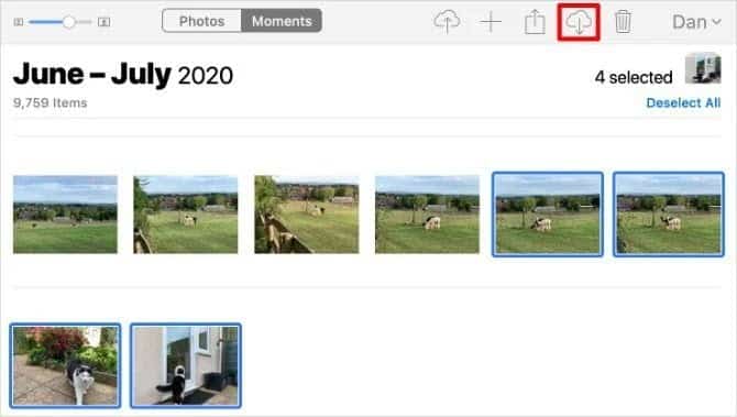 صورة لـ كيفية تنزيل الصور ومقاطع الفيديو من iCloud | Download-button-in-iCloud-Photos-website-on-Mac-670x379-DzTechs