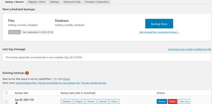 صورة لـ أفضل الإضافات التي يجب أن تكون لديك بعد تثبيت WordPress على موقع الويب | must_have_plugins_for_new_wordpress_installs_updraftplus_backup_completed.png-ToGsJggs-DzTechs