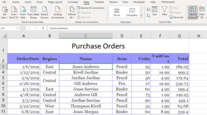 صورة لـ 3 طرق لتقسيم الخلية في Microsoft Excel | text-to-columns-1-DzTechs