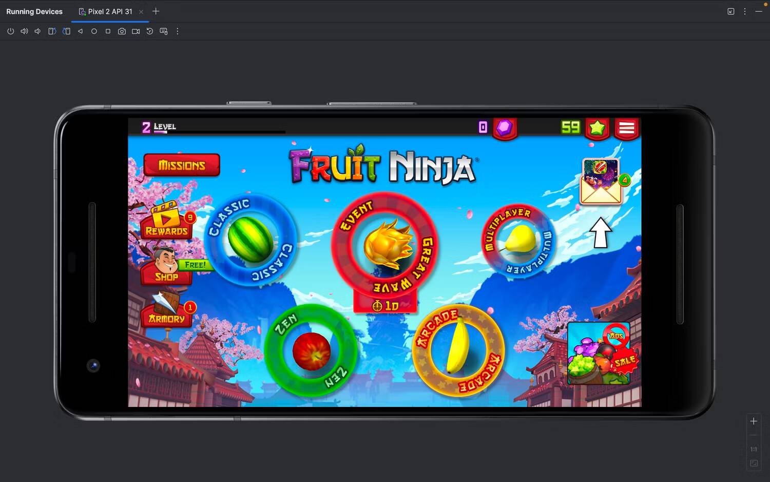 صورة لـ أفضل المحاكيات خفيفة الحجم لتشغيل ألعاب Android على Windows والـ Mac | fruit-ninja-running-in-android-studio-on-a-mac