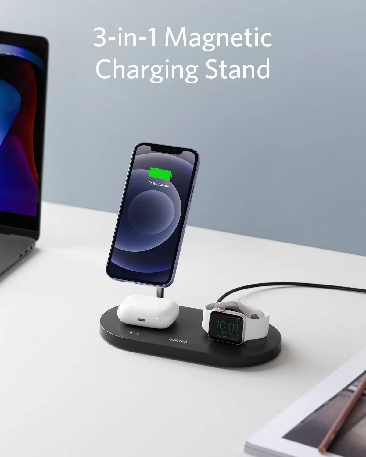 صورة لـ أفضل محطات الشحن 3 في 1 لمُنتجات Apple | Anker-533-Magnetic-Wireless-Charger-3-in-1-Stand_1.avif_