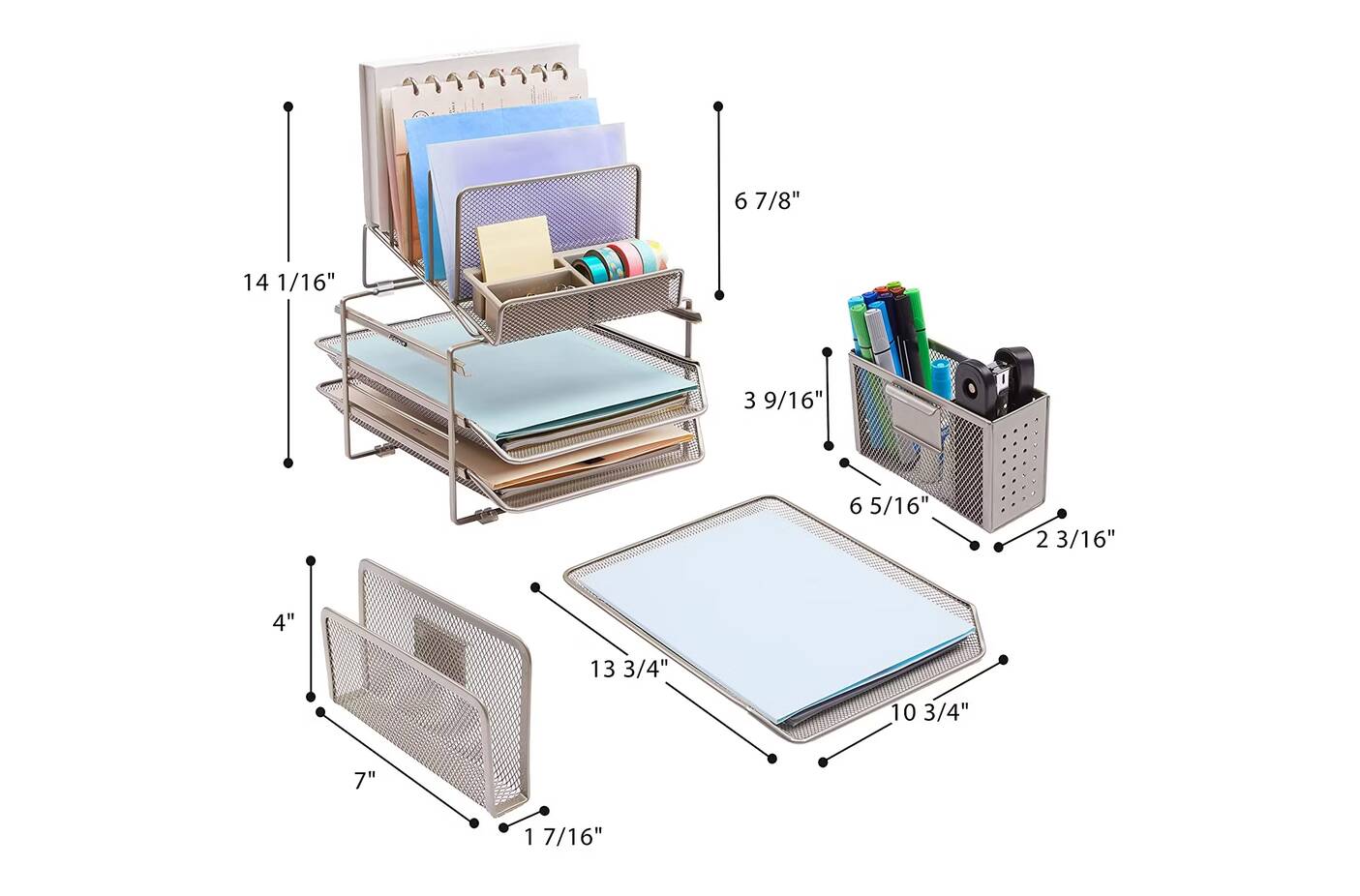 صورة لـ أفضل أجهزة تنظيم المكاتب ومُلحقاتها | designa-stackable-mesh-desk-organizer-dimensions.avif_
