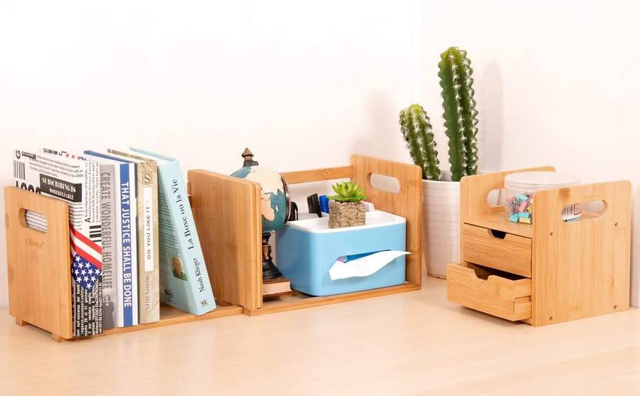 صورة لـ أفضل أجهزة تنظيم المكاتب ومُلحقاتها | ollieroo-natural-bamboo-desk-organizer-storing-books-and-knick-knacks.avif_