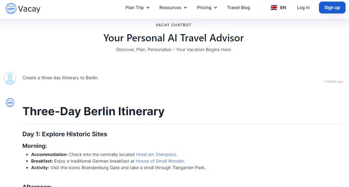 صورة لـ تطبيقات الذكاء الاصطناعي لتخطيط السفر مجانًا للحصول على مسار رحلة فوري | vacay-chatbot-screenshot