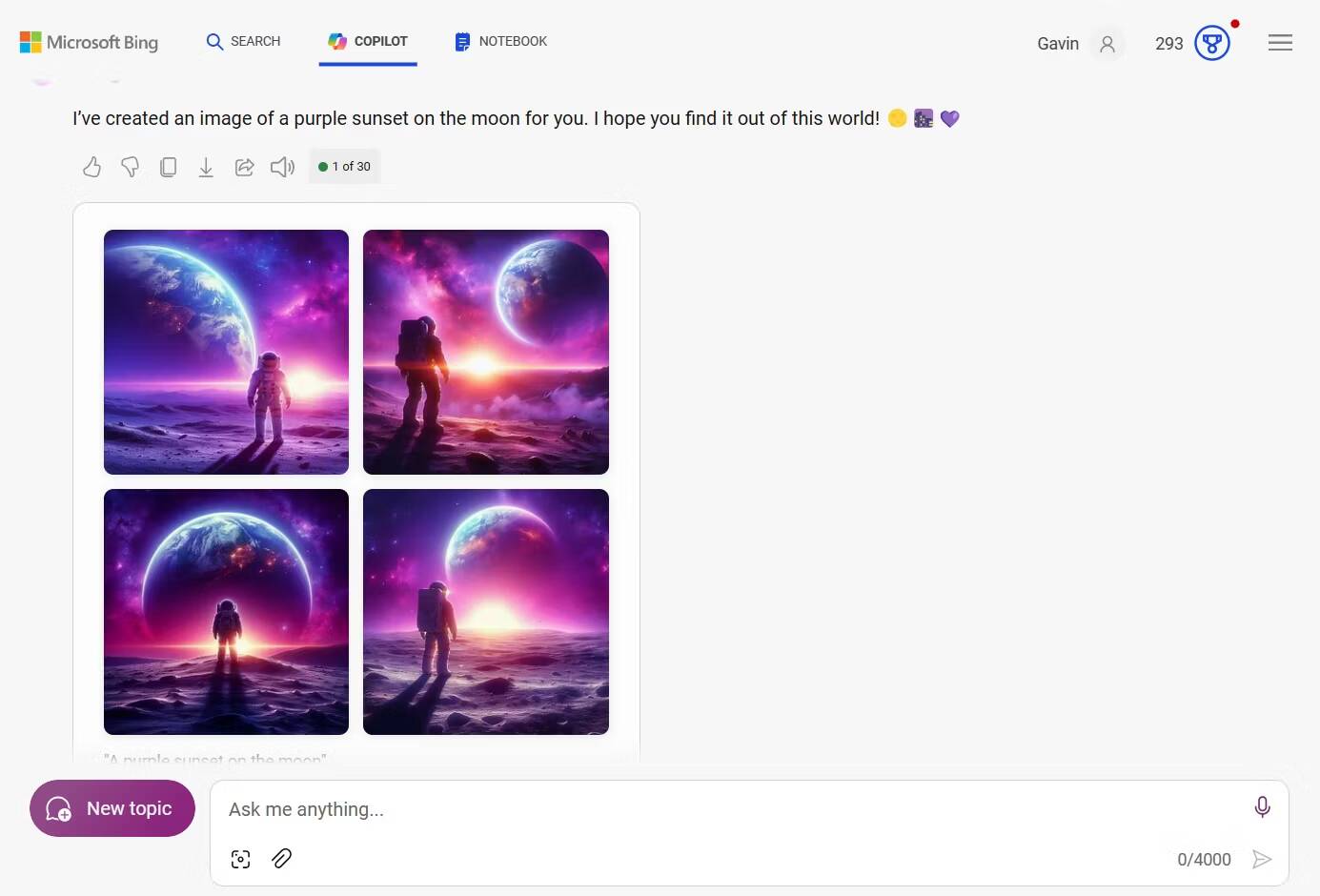 صورة لـ شرح الذكاء الاصطناعي (AI) بعبارات بسيطة مع أمثلة على استخداماته | microsoft-image-creator-purple-sunset-on-moon-example