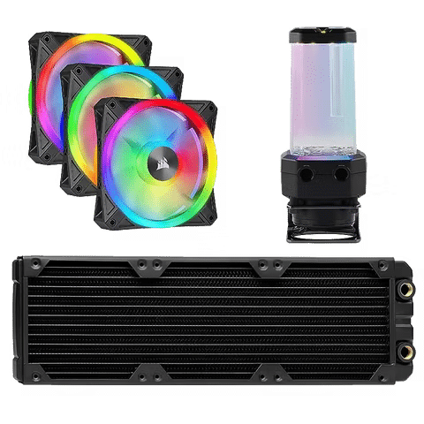 صورة لـ دليل شامل لأفضل حلول التبريد السائل لأجهزة الكمبيوتر المُتاحة في السوق | corsair-hydro-x-series-icue-xh305i-rgb-pro-fans-radiator-and-water-cooling-pump.avif_