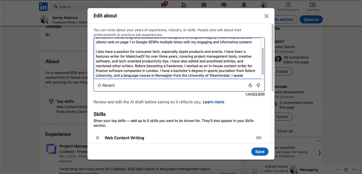 صورة لـ كيفية تحسين ملفك الشخصي على LinkedIn باستخدام الذكاء الاصطناعي | 1abMswrLzrBCmjE2u0vmf8A-DzTechs