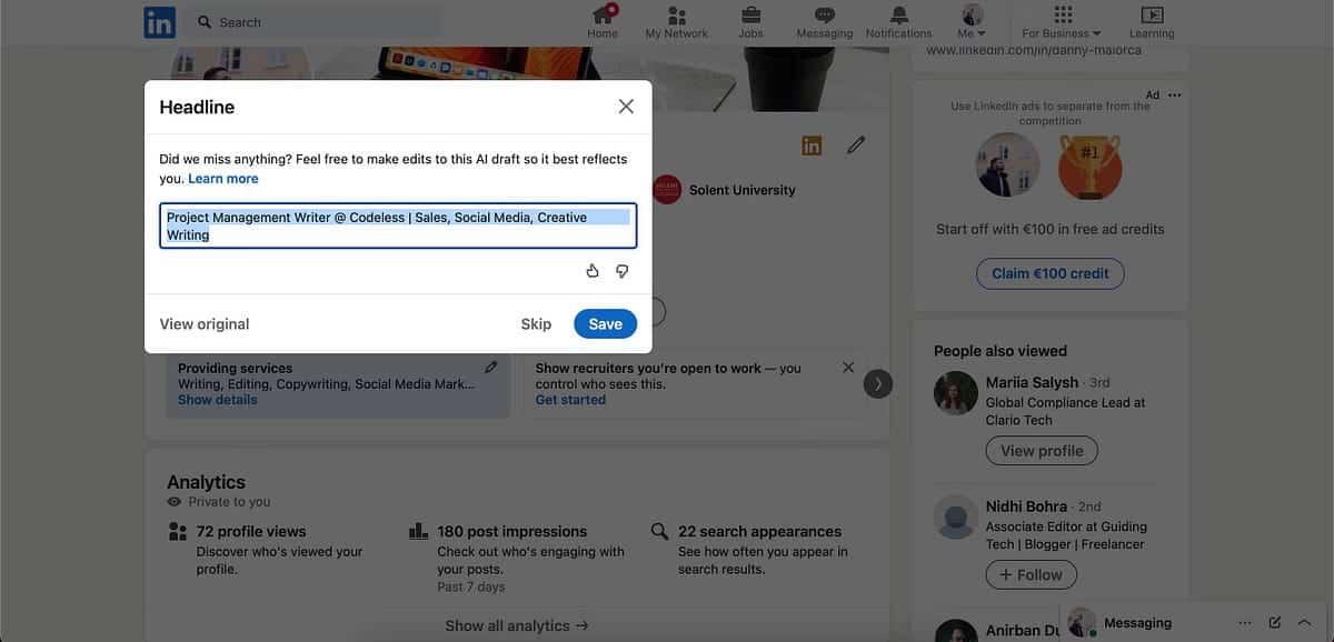 صورة لـ كيفية تحسين ملفك الشخصي على LinkedIn باستخدام الذكاء الاصطناعي | 1xHJ7mXPFKMquQgqk9tFX7A-DzTechs