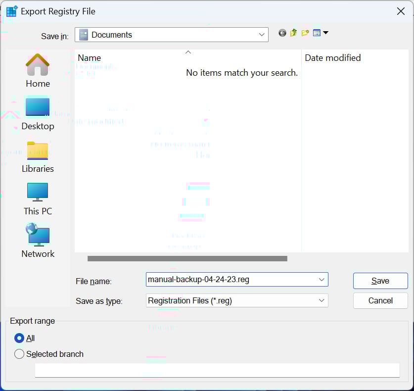 نسخ احتياطي لسجل Windows إلى ملف