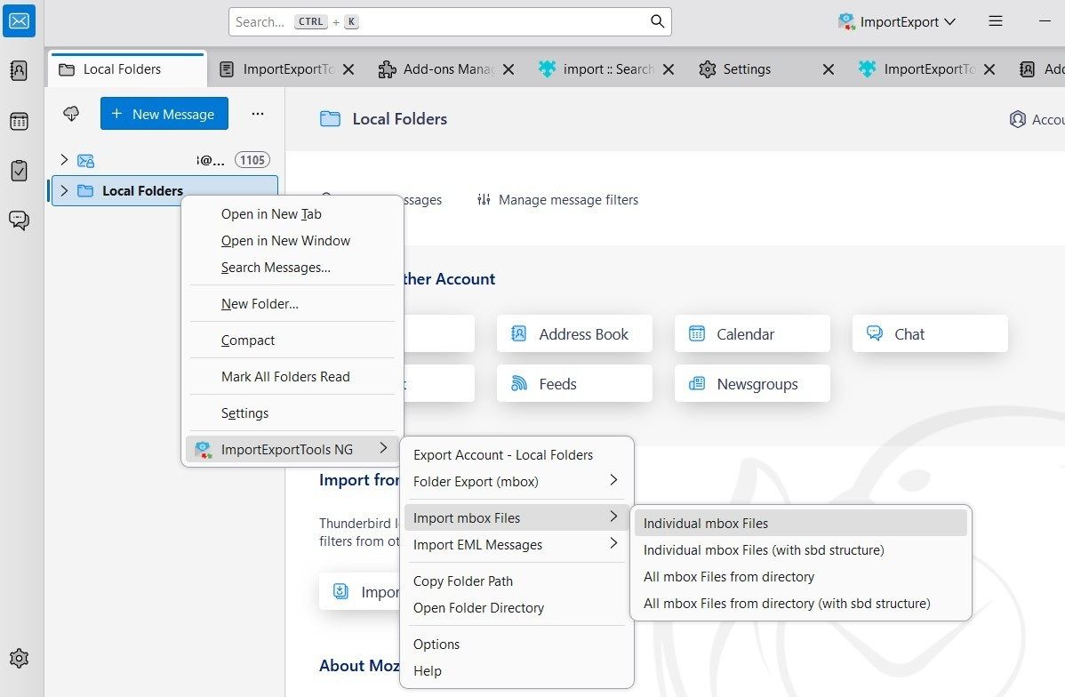 تطبيق Thunderbird يعرض خيار استيراد ملف MBOX