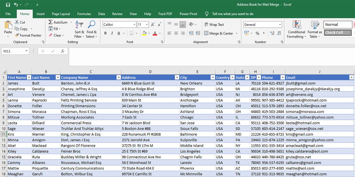 مثال على مصدر بيانات دمج المراسلات في Excel