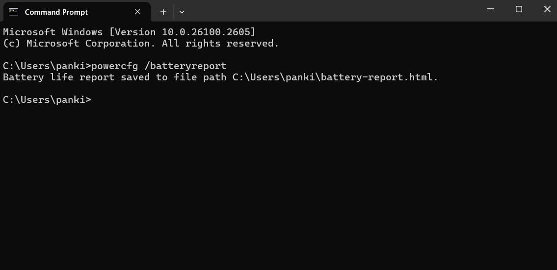 أمر تقرير البطارية في نافذة Terminal