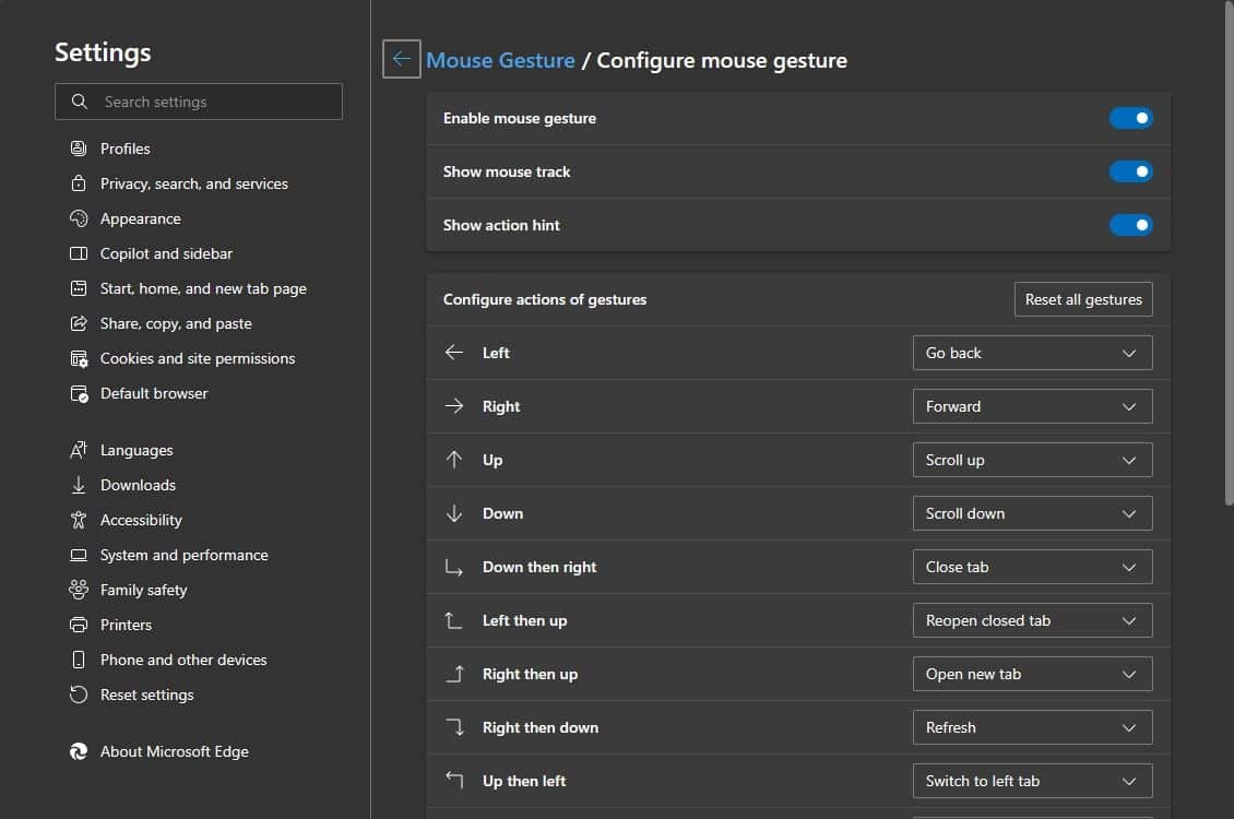 configure mouse gestures in microsoft edge
