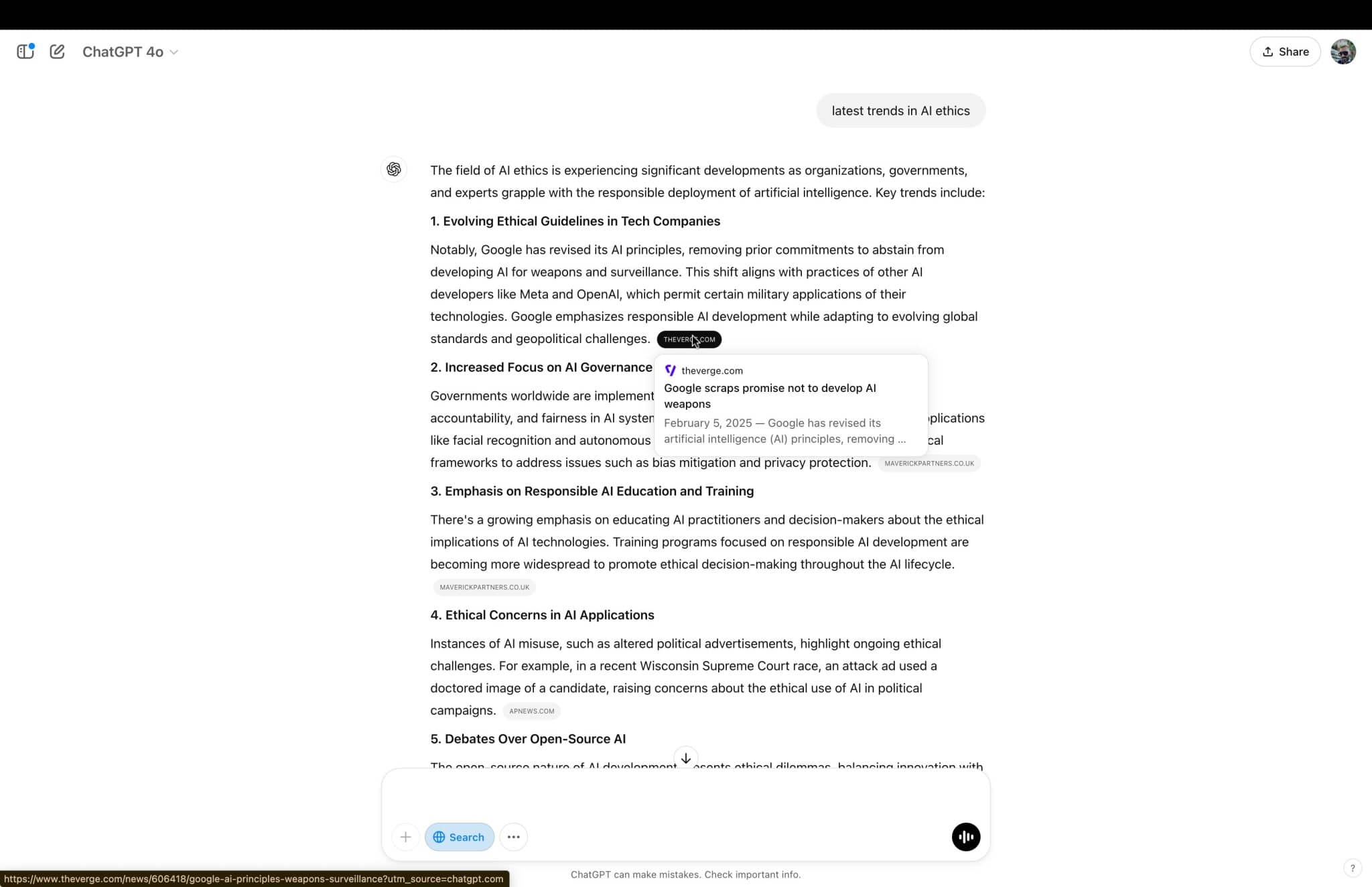 لقطة شاشة لنتائج بحث الويب في ChatGPT توضح كيفية توفير النظام الأساسي للاستشهادات. في هذه الحالة، يحوم المؤشر فوق رابط إلى اقتباس من The Verge في إشارة إلى موجه حول أحدث ما في أخلاقيات الذكاء الاصطناعي.