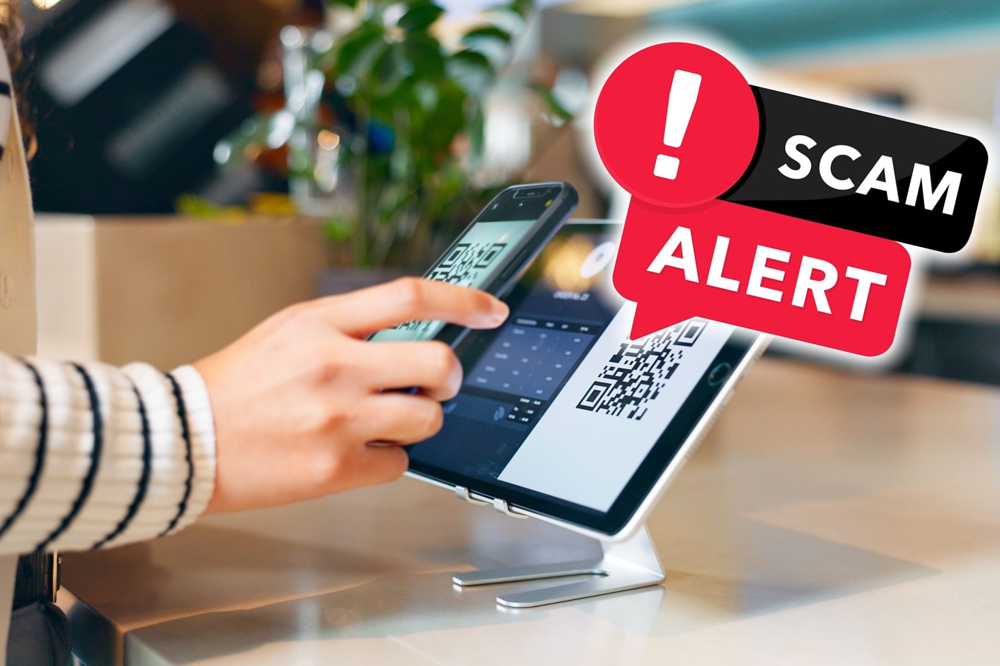 woman paying using qr code on scanner scam