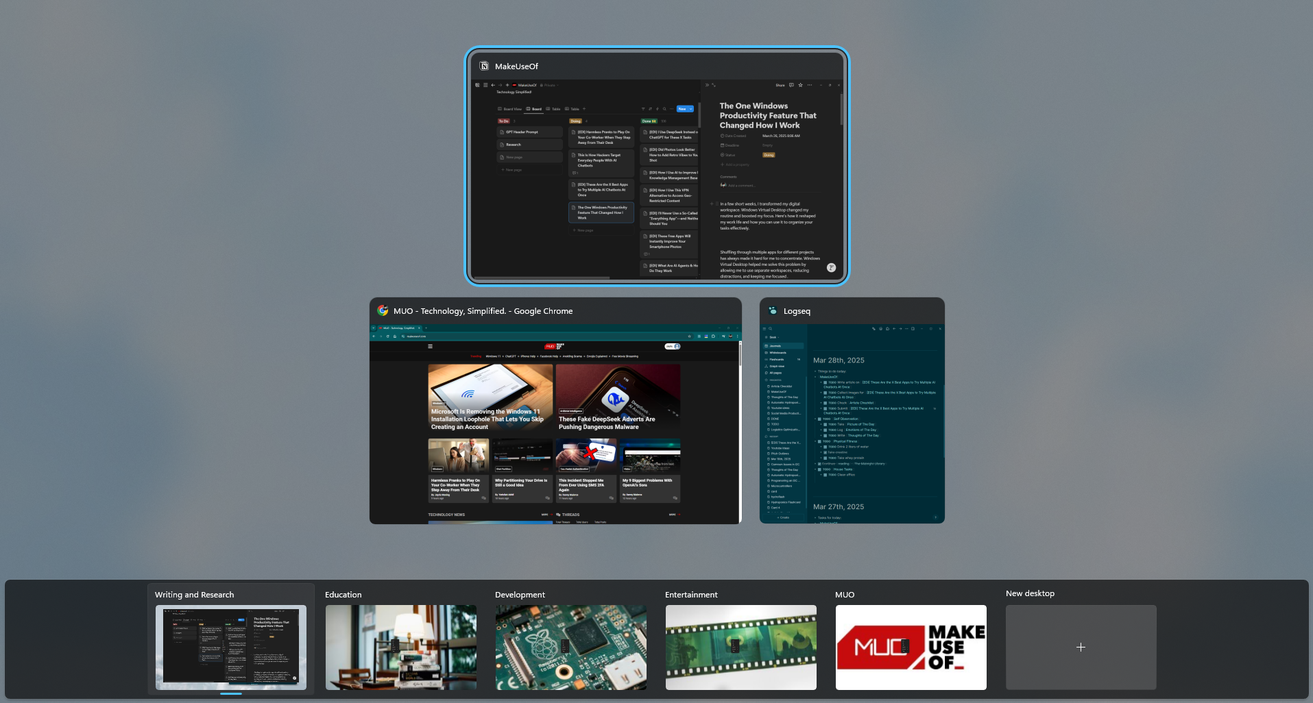مكاتب العمل الافتراضية في Windows تعرض عدة أسطح مكتب مخصصة