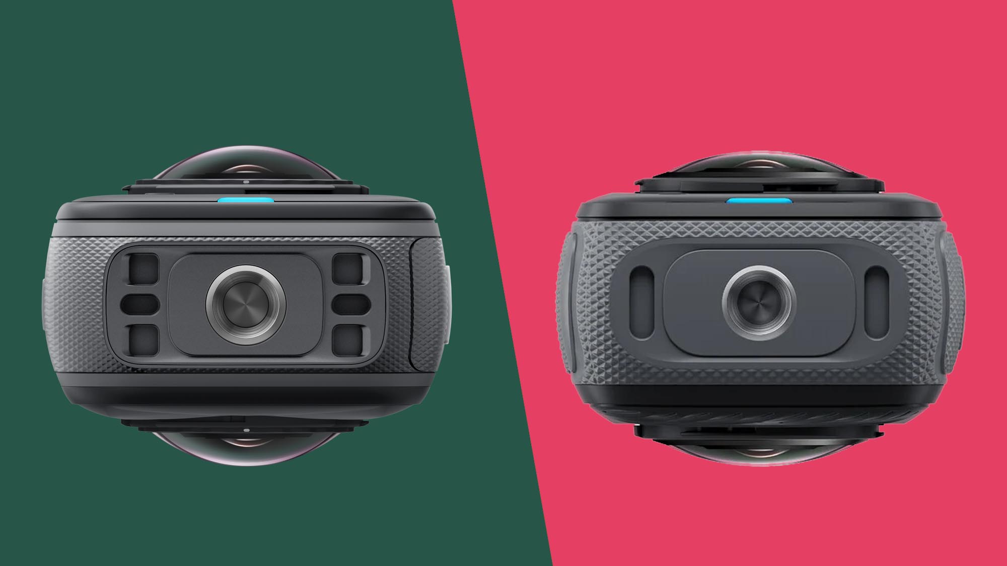 Insta360 X5 alongside Insta360 X4 on split color backdrop