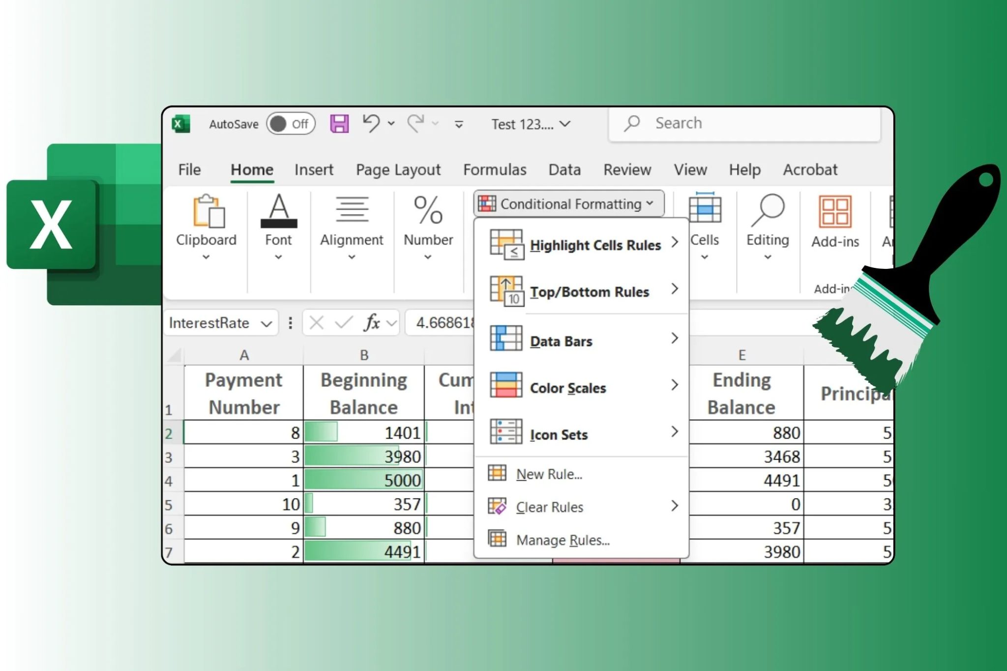 جدول بيانات يعرض خيار التنسيق الشرطي مع شعار Excel وأيقونات فرشاة الطلاء