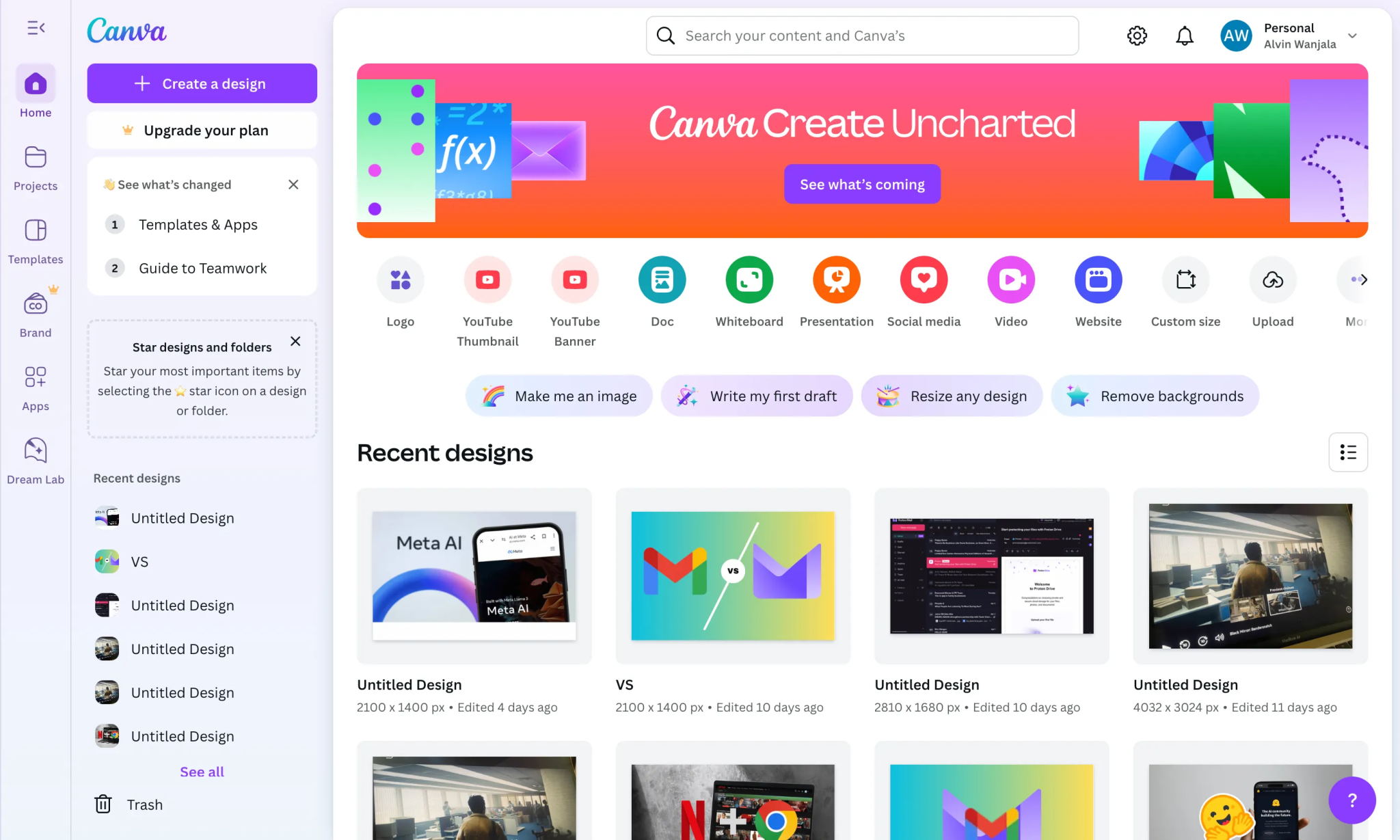 Canva home page while logged in