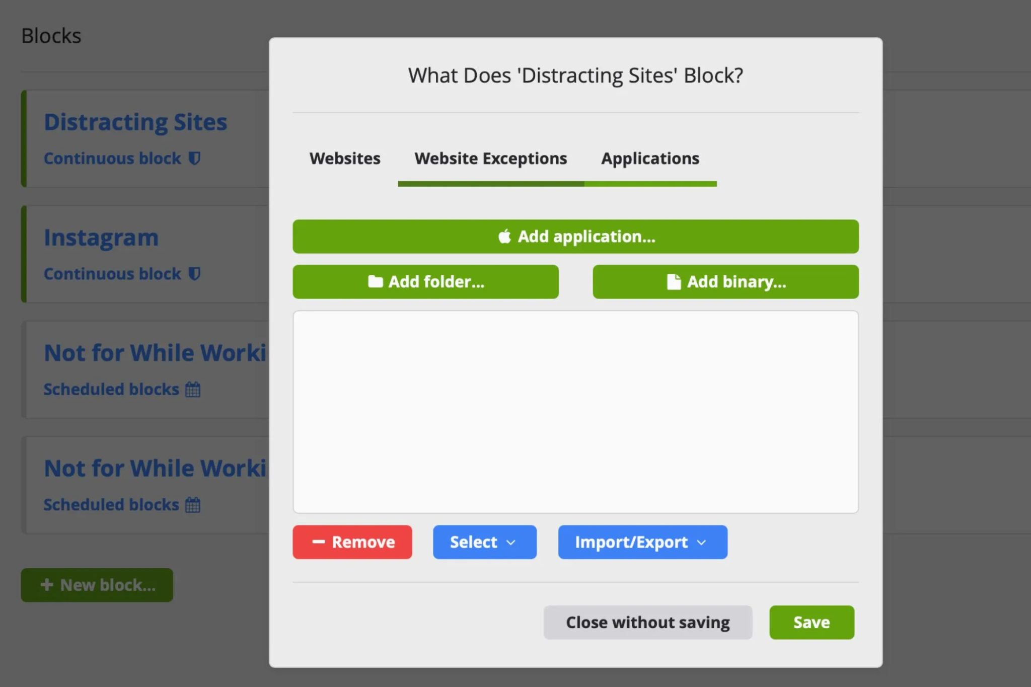 Block apps in the Cold Turkey app