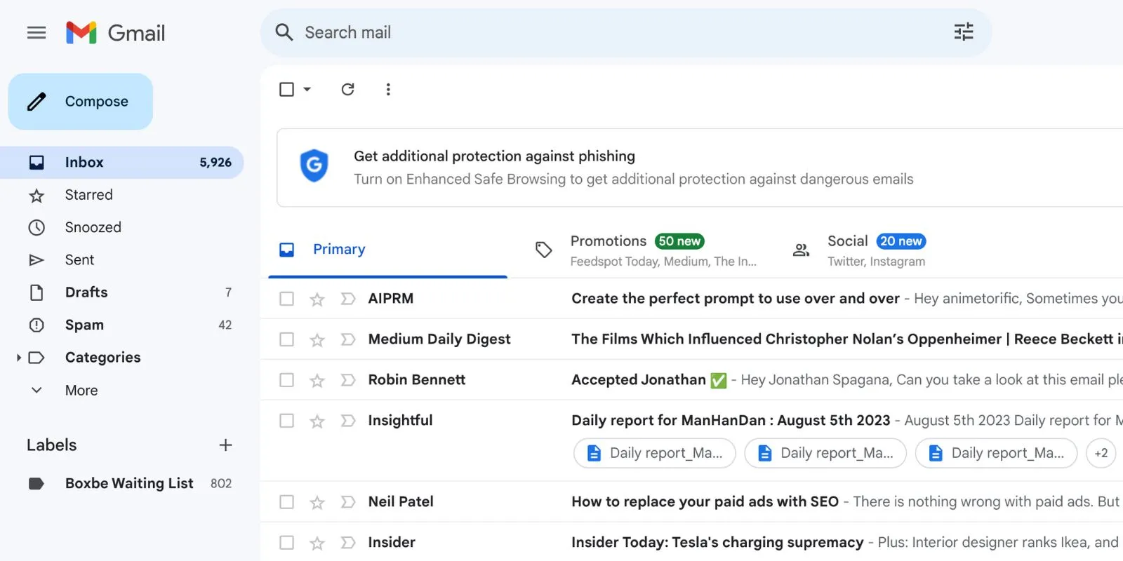 The Unread Emails on Inbox of Gmail