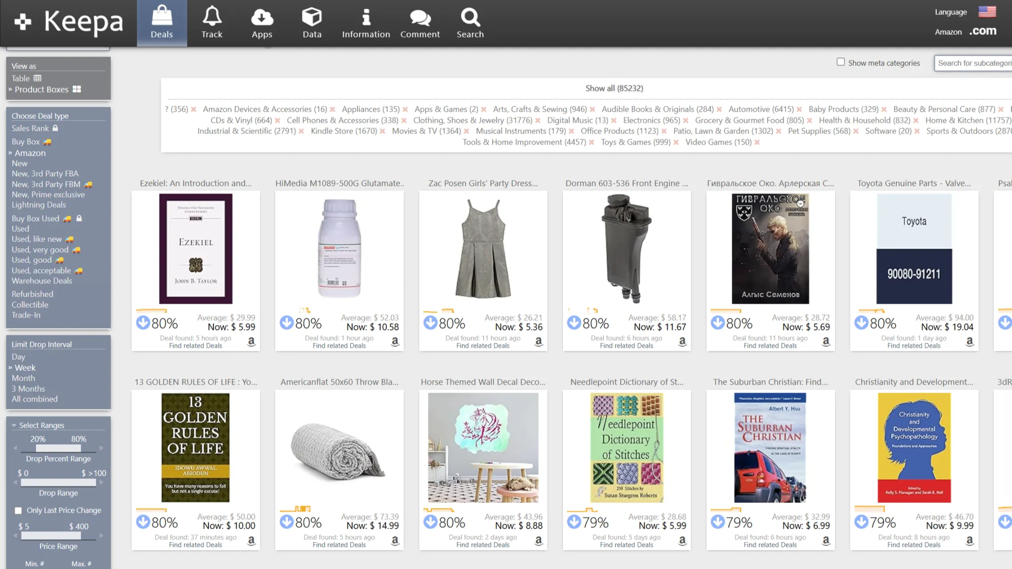 Keepa deals page showing products that are mostly eighty percent off