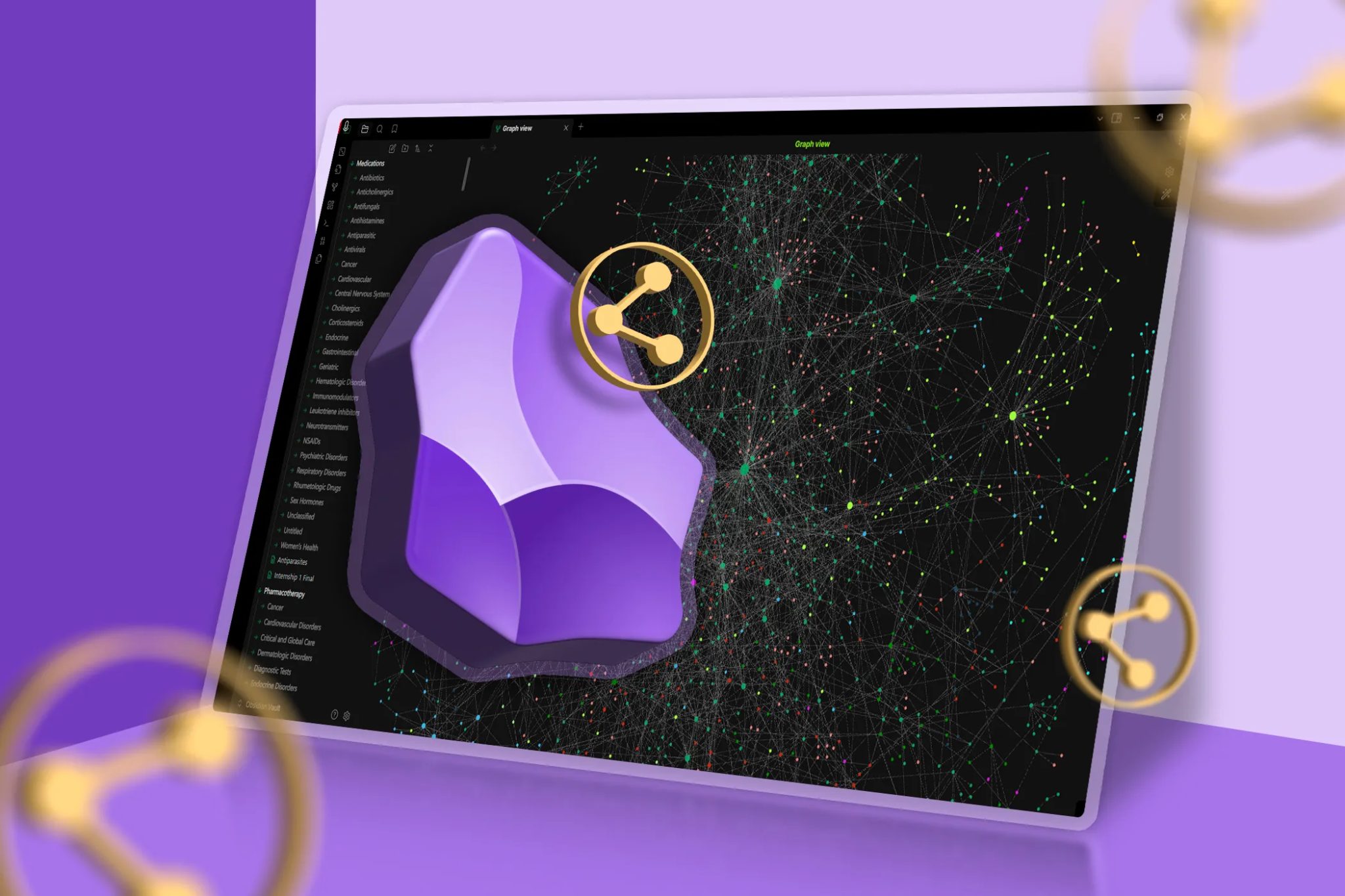 عرض الرسم البياني في Obsidian مع شعار Obsidian وأيقونة مشاركة.