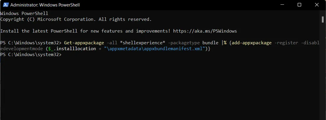 إعادة تسجيل قائمة ابدأ من خلال PowerShell في نظام التشغيل Windows