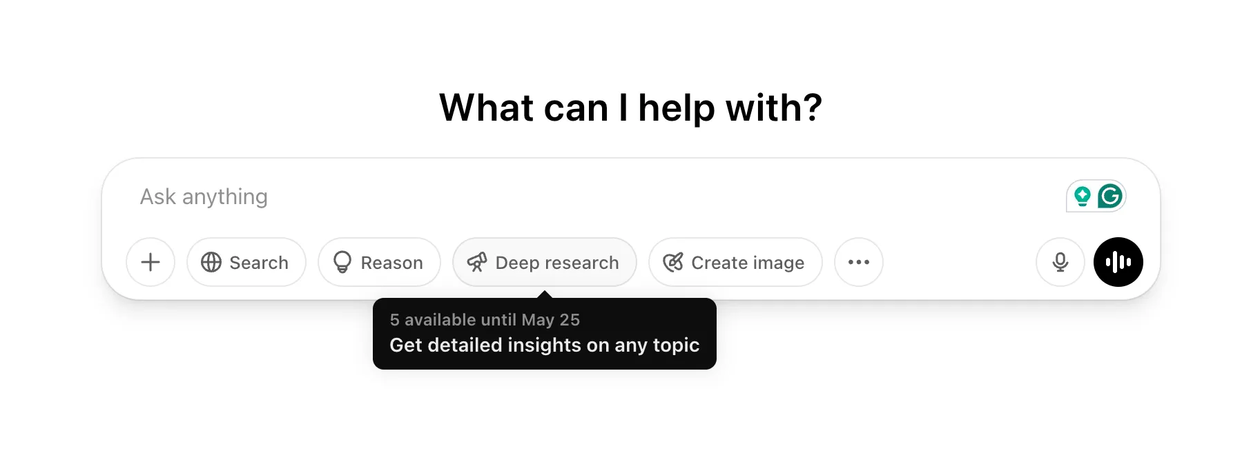 Deep Research limit and button appearing on a free ChatGPT account.
