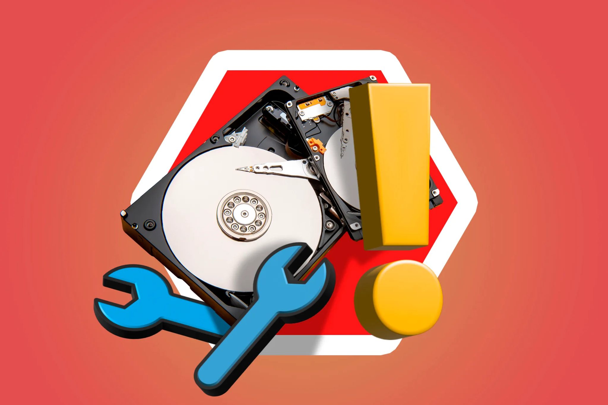 Two hard drives with an alert icon and a repair icon