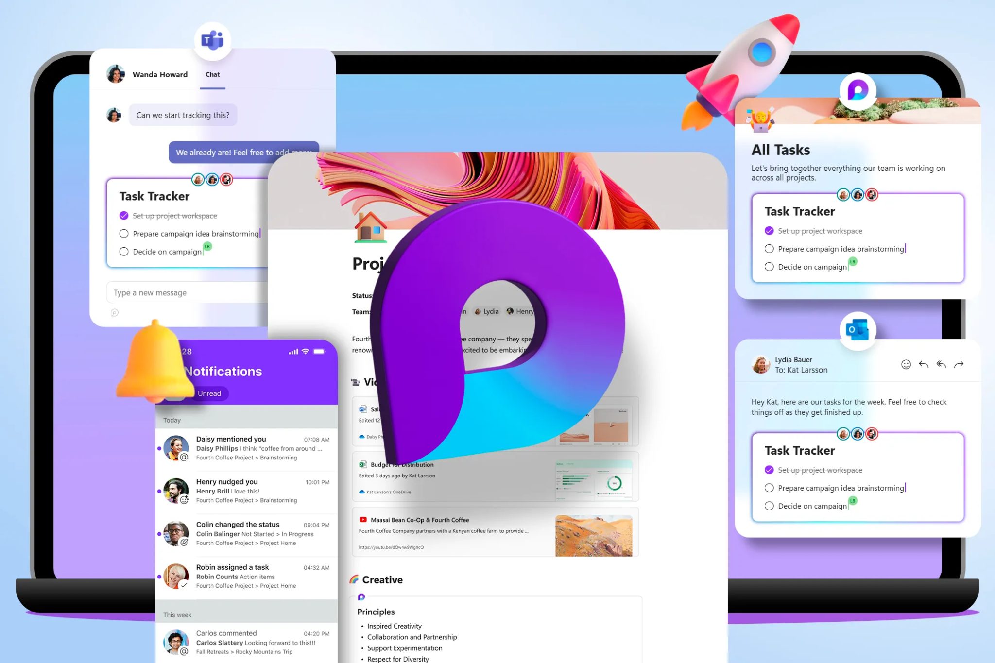 شاشة تعرض Microsoft Loop مدمجًا في بعض تطبيقات Microsoft 365 وشعار Loop في وسط الشاشة.
